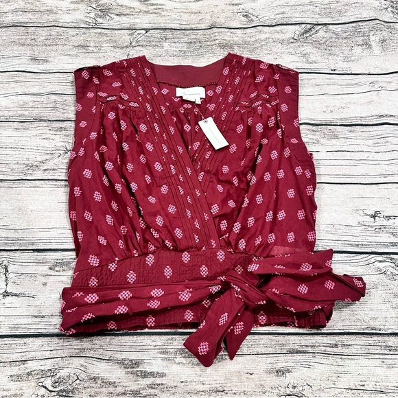 Anthropologie Tops - NWT Anthropologie Gauze Burgundy Patterned Blouse With Waist Tie Size M